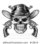 Vector Illustration of a Black and White Engraved or Woodcut Styled Cowboy Skull and Crossed Pistols by AtStockIllustration