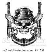 Vector Illustration of a Black and White Engraved or Woodcut Styled Cowboy Skull and Pistols by AtStockIllustration