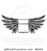 Vector Illustration of a Black and White Engraved or Woodcut Winged Shield Insignia with a Banner Scroll by AtStockIllustration