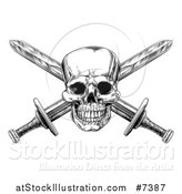 Vector Illustration of a Black and White Engraved Pirate Skull and Cross Swords by AtStockIllustration