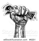 Vector Illustration of a Black and White Engraved Revolutionary Fist Holding Money by AtStockIllustration