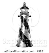 Vector Illustration of a Black and White Engraved Striped Lighthouse by AtStockIllustration