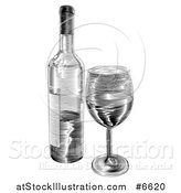 Vector Illustration of a Black and White Engraved Wine Bottle and Glass by AtStockIllustration