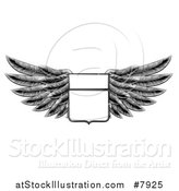 Vector Illustration of a Black and White Engraved Woodcut Winged Shield Insignia by AtStockIllustration