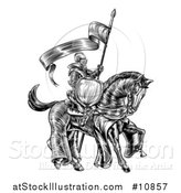 Vector Illustration of a Black and White Etched Engraved or Woodcut Fully Armored Medieval Knight on a Horse, Holding a Spear Flag by AtStockIllustration