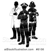 Vector Illustration of a Black and White Faceless Doctor Policeman and Firefighter Posing by AtStockIllustration