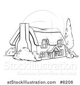 Vector Illustration of a Black and White Farm Cottage with Shrubs and a Tree by AtStockIllustration