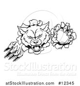 Vector Illustration of a Black and White Ferocious Wolf Slashing Through a Wall with a Football by AtStockIllustration
