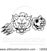 Vector Illustration of a Black and White Ferocious Wolf Slashing Through a Wall with a Soccer Ball by AtStockIllustration
