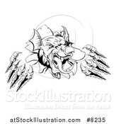 Vector Illustration of a Black and White Fierce Welsh Dragon Mascot Head Slashing Through a Wall by AtStockIllustration