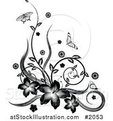 Vector Illustration of a Black and White Floral Vine Corner Design with Butterflies by AtStockIllustration