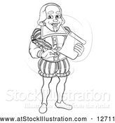 Vector Illustration of a Black and White Full Length Happy William Shakespeare Holding a Scroll and Quill by AtStockIllustration