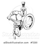Vector Illustration of a Black and White Gladiator Man in a Helmet Sprinting with a Sword and Shield by AtStockIllustration