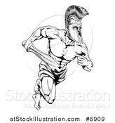 Vector Illustration of a Black and White Gladiator Man in a Helmet Sprinting with a Sword by AtStockIllustration
