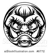 Vector Illustration of a Black and White Grinning Samurai Demon Monster Face by AtStockIllustration