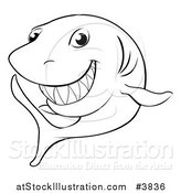 Vector Illustration of a Black and White Grinning Shark Outline by AtStockIllustration