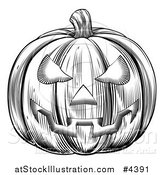 Vector Illustration of a Black and White Halloween Woodcut Jackolantern Pumpkin by AtStockIllustration