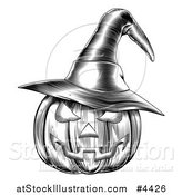 Vector Illustration of a Black and White Halloween Woodcut Jackolantern Pumpkin Wearing a Witch Hat 2 by AtStockIllustration