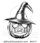 Vector Illustration of a Black and White Halloween Woodcut Jackolantern Pumpkin Wearing a Witch Hat by AtStockIllustration