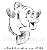 Vector Illustration of a Black and White Happy Cod Fish Gesturing to Come by AtStockIllustration