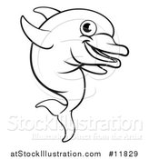 Vector Illustration of a Black and White Happy Cute Dolphin Jumping by AtStockIllustration