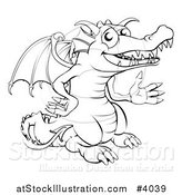 Vector Illustration of a Black and White Happy Dragon Presenting by AtStockIllustration