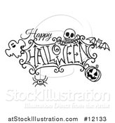 Vector Illustration of a Black and White Happy Halloween Greeting with a Ghost, Skull, Bat, Jackolantern and Spider by AtStockIllustration