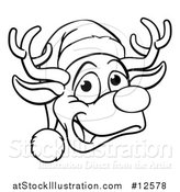 Vector Illustration of a Black and White Happy Reindeer Face Wearing a Christmas Santa Hat by AtStockIllustration
