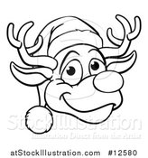 Vector Illustration of a Black and White Happy Reindeer Face Wearing a Christmas Santa Hat by AtStockIllustration