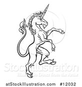 Vector Illustration of a Black and White Heraldic Rampant Unicorn in Profile by AtStockIllustration