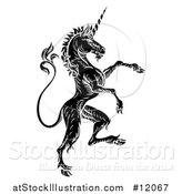 Vector Illustration of a Black and White Heraldic Rampant Unicorn in Profile by AtStockIllustration