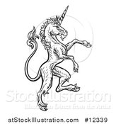 Vector Illustration of a Black and White Heraldic Rampant Unicorn in Profile by AtStockIllustration