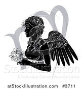 Vector Illustration of a Black and White Horoscope Zodiac Astrology Virgo Angel with Flowers and Symbol by AtStockIllustration