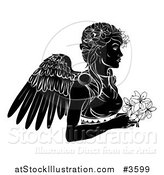 Vector Illustration of a Black and White Horoscope Zodiac Astrology Virgo Angel with Flowers by AtStockIllustration