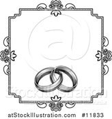 Vector Illustration of a Black and White Invitation with a Frame and Engraved Wedding Rings by AtStockIllustration