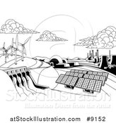 Vector Illustration of a Black and White Landscape of Renewable Energy Plants with a Dam, Solar Panels, Wind Turbines, Coal Plants and Nuclear Plants by AtStockIllustration