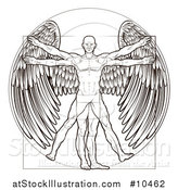 Vector Illustration of a Black and White Leonard Da Vinci Vitruvian Man with Angel Wings by AtStockIllustration