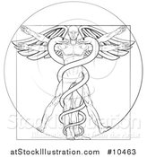 Vector Illustration of a Black and White Leonard Da Vinci Vitruvian Man with Wings and a Doubl Helix Snake Caduceu by AtStockIllustration