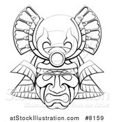 Vector Illustration of a Black and White Lineart Asian Samurai Mask by AtStockIllustration