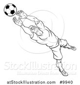 Vector Illustration of a Black and White Lineart Cartoon Soccer Player Goal Keeper Catching the Ball by AtStockIllustration