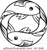 Vector Illustration of a Black and White Lineart Double Pisces Fish Astrology Zodiac Horoscope by AtStockIllustration