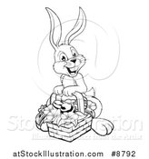 Vector Illustration of a Black and White Lineart Happy Easter Bunny Rabbit with a Basket of Eggs and Flowers by AtStockIllustration