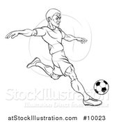 Vector Illustration of a Black and White Lineart Male Soccer Football Player Kicking a Ball by AtStockIllustration