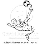 Vector Illustration of a Black and White Lineart Male Soccer Football Player Kicking the Ball by AtStockIllustration