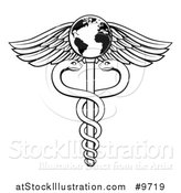 Vector Illustration of a Black and White Lineart Medical Caduceus with Snakes on a Winged Globe Rod by AtStockIllustration