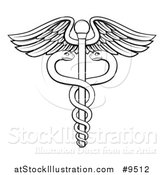 Vector Illustration of a Black and White Lineart Medical Caduceus with Snakes on a Winged Rod by AtStockIllustration