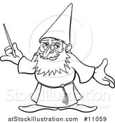 Vector Illustration of a Black and White Lineart Old Wizard Holding a Magic Wand by AtStockIllustration