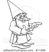 Vector Illustration of a Black and White Lineart Old Wizard Pointing by AtStockIllustration