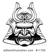 Vector Illustration of a Black and White Lineart Skull Asian Samurai Mask by AtStockIllustration