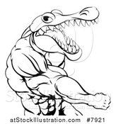 Vector Illustration of a Black and White Lineart Tough Muscular Crocodile or Alligator Man Monster Punching by AtStockIllustration